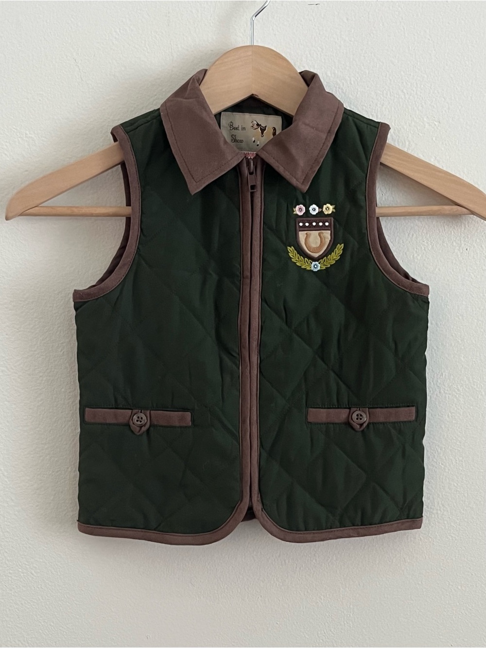 Girls Gymboree “Best in Show” Quilted Green Vest with Brown Trim